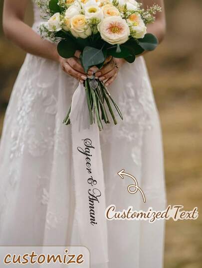 Personalized Wedding Bouquet Ribbon - Custom Name & Date Floral Tapestry For Bridal Showers, Birthdays, Graduations - Durable Polyester Event Decor With Elegant Design, Wedding Gifts For Guests, Celebration Accessory, Sophisticated Style, Highquality Craftsmanship