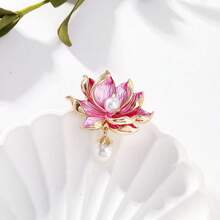 Pink Lotus Brooch With White Pearl Lapel Pin Exquisite Pearl Lotus Pin Gift For Women Girls Mother's Day Gift - Pink - View 3