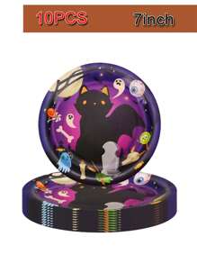 10 件万圣节派对装饰盘子、杯子和餐巾，黑猫蝙蝠元素甜点盘和餐巾，适合万圣节派对礼物 - 彩色 - 查看 3