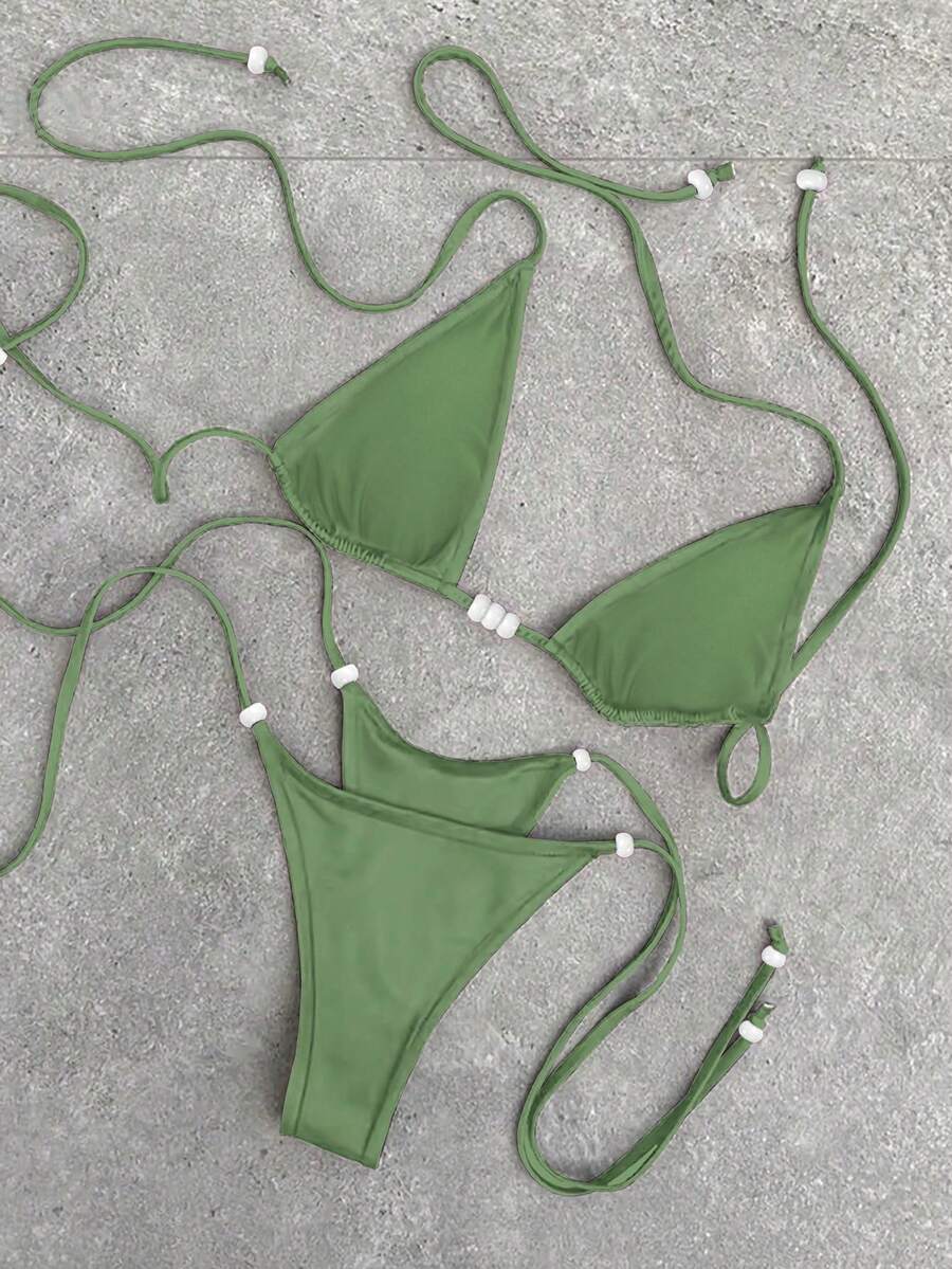 Polovedo 官方新款春夏优雅性感休闲绿色纯色系带女士比基尼泳衣，适合海滩度假派对约会。 - 綠色 - 查看 1