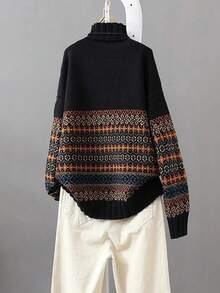Plus Size Women Geometric Pattern Knit Sweater, Casual Elegant Long Sleeve Pullover, Versatile For Daily Wear, Commuting, Fashion , Autumn/Winter - Black - View 3