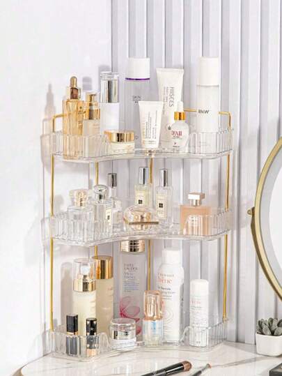 1pc One Corner Bathroom Countertop Storage Box, Suitable For 90° Corners, Used As A Tray For Bedroom Dressing Tables, Cosmetic Storage Racks, Bathroom Countertops, Kitchen Spice Racks And Perfume Bottle Trays.,For Holiday Beach, Bathroom Collection, Bedroom Collection, Father Day Gift,Corner Rack Makeup Organizer Square-Shaped Bathroom Countertop Organizer, PET Large Capacity Cosmetics Storage Box For Cosmetic Perfume Skincare Lipsticks