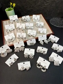 OBOVAY 24 Đôi Bông Tai Thép Không Gỉ Thanh Lịch - Với Các Thiết Kế Đa Dạng Như Lá, Hoa, Vỏ Sò Và Họa Tiết Hình Học, Phù Hợp Để Đeo Hàng Ngày Và Làm Quà Tặng, Phụ Kiện Ngày Lễ Tình Nhân | Bông Tai Thanh Lịch | Bông Tai Bền Bỉ - Bạc đa nguyên tố - Xem 7