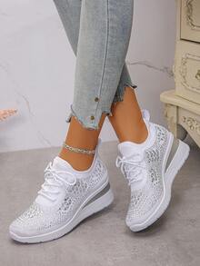 秋冬女款新款运动风系带水钻户外坡跟厚底休闲运动鞋透气舒适跑步鞋户外旅行鞋适合所有季节 - 白色 - 查看 6