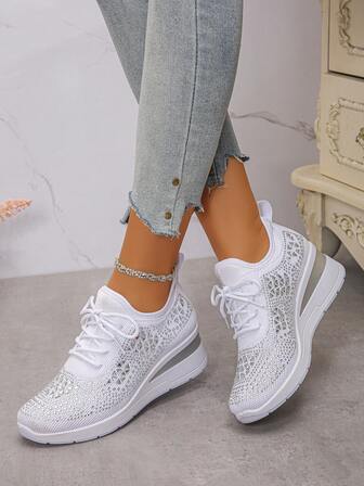 Höst/vinter Dam Nya Sportiga Sneakers Med Snörning I Strass Utomhuskil Med Tjock Bottom, Andningsbara Bekväma Löparskor, Utomhusresor, Lämpliga För Alla Årstider