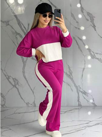 Set de 2 piezas jersey holgado de cuello redondo de manga larga y pantalones casuales holgados para mujer