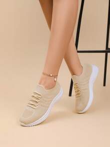 Women's Lightweight Breathable Walking Shoes - Comfortable Mesh Sports Shoes With Stable Support, Four-Season Casual Fashion Footwear, Women's Sneakers, Stylish Design - 米色 - 查看 10