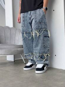 垃圾摇滚哥特 Y2K 风格时尚休闲流苏年轻街头时尚学院运动宽松直筒阔腿百搭休闲男士牛仔裤 - 淺色水洗藍 - 查看 3