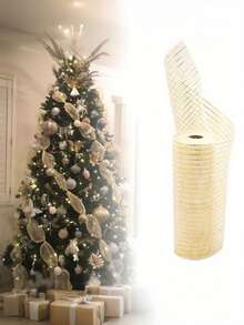 1 Roll Cream Beige Deco Mesh Ribbon 10 Inch X 30 Feet, Metallic Poly Mesh Roll For Holiday Decorating Door Wreath Supplies Christmas Tree Halloween Decoration Gift Wrapping (Ivory/Gold Foil) - Gold - View 2