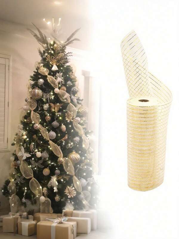 1 Roll Cream Beige Deco Mesh Ribbon 10 Inch X 30 Feet, Metallic Poly Mesh Roll For Holiday Decorating Door Wreath Supplies Christmas Tree Halloween Decoration Gift Wrapping (Ivory/Gold Foil)