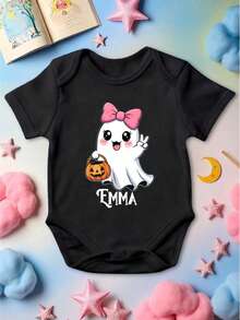 Personalized Halloween Girls Name Shirt, Customized Cute Halloween Ghost T-Shirt For Daughter, Custom Pumpkin Spooky Halloween Youth Sweatshirt, Girls Matching Boo Toddler Tee. CU-76 - 黑色 - 查看 2