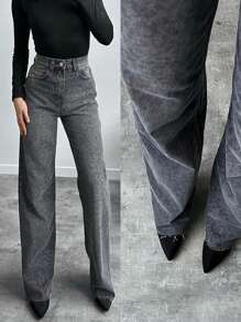 SQUALO Jeans de mujer sexy de lavado gris oscuro con estampado de leopardo brillante para salir