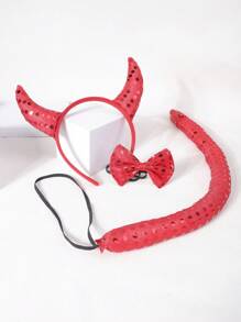 Set de 3 piezas de diadema de cuernos de diablo, moño y cola para disfraz de fiesta de Halloween, adecuado para actuaciones de baile, fiestas y shows de bar - Rojo - Ver 3