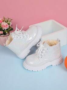 1 双男女款经典圆头闪亮 PU 公主靴，前系带，侧拉链，中筒，厚底，保暖衬里，适合冬季 - 白色 - 查看 7