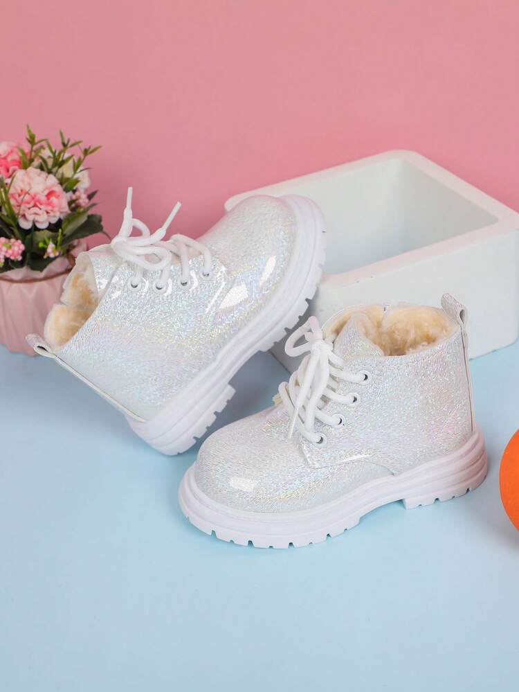 1 Pair Unisex Classic Round Toe Shiny PU Princess Boots With Front Lace-Up And Side Zipper, Mid-Calf, Thick Sole, Warm Lining, Suitable For Winter - White - View 7