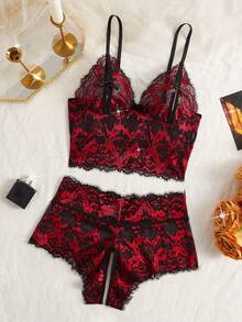嘉年华派对蕾丝睫毛性感内衣套装，蝴蝶结镂空露胸文胸和可调节肩带V领性感内衣套装（女士款） - 酒紅色 - 查看 11