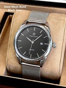 Pablo Raez 1 pièce Montre bijou simple pour homme, accessoires d'été vintage de plage, montre-bracelet décontractée à la mode, bracelet en maille d'acier inoxydable argent IPS anti-ternissement, boîtier de luxe microfibre doux et confortable noir ou marron, avec échelle de barres