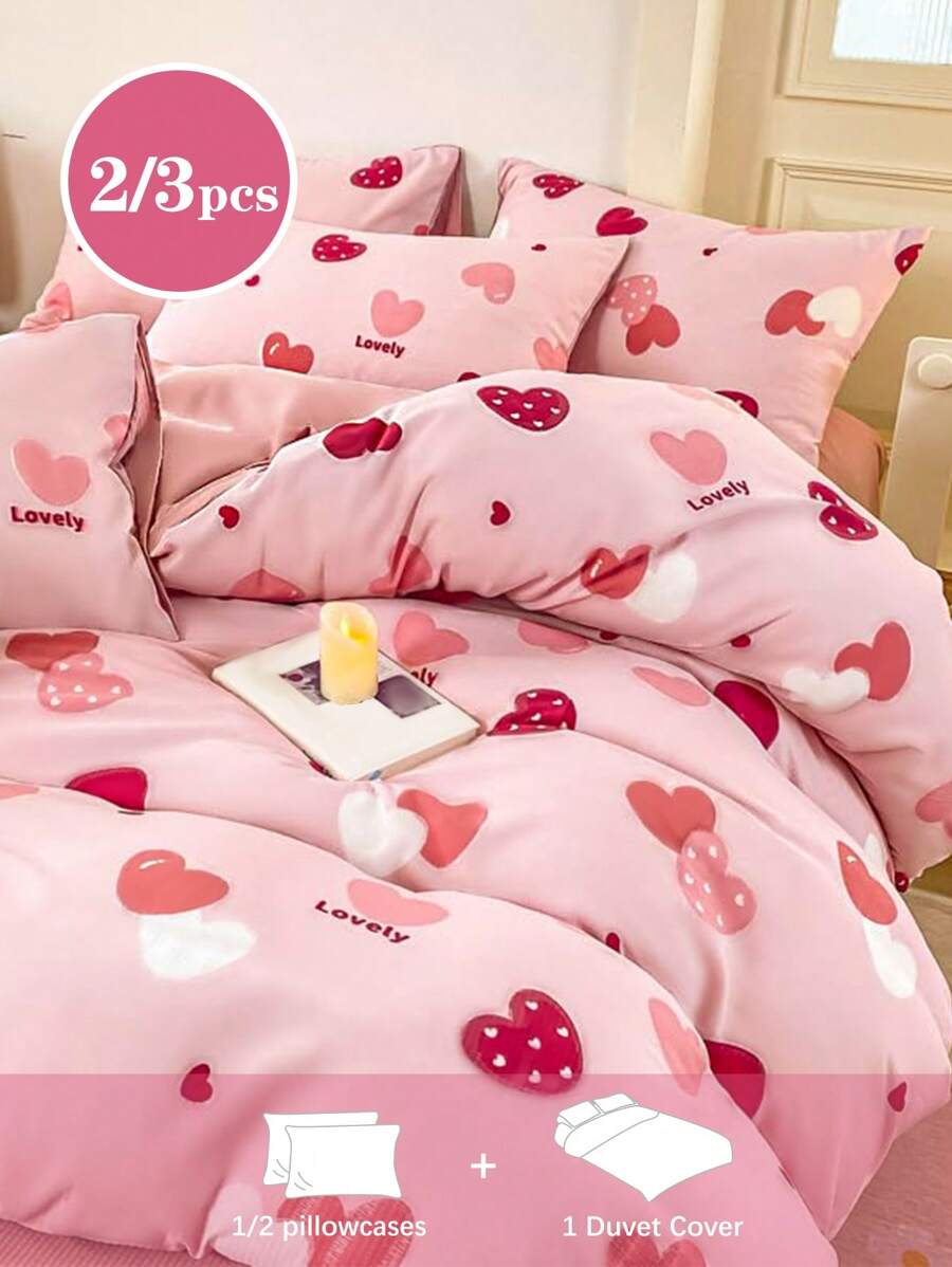 2/3件套浪漫爱情主题提花床上用品套装，超柔软，男女皆宜，学生宿舍理想之选，甜美可爱，水洗磨毛被套和枕套套装，春夏款，可选单人/双人/特大号尺寸