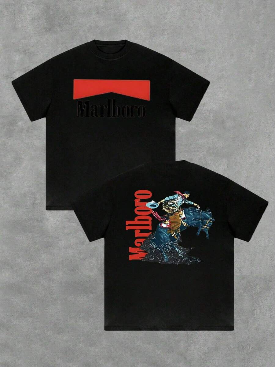 Cowboy Double Sided Digital Printed 220g T Shirt Vintage Style Men's 100% Cotton Tee 1pcs Black Rodeo Graphic Tee - 黑色 - 查看 1