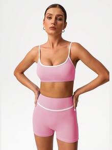 Sodalemon Conjunto deportivo para mujer con sujetador deportivo sin costura frontal y shorts de ciclismo para entrenamiento en gimnasio, fitness al aire libre, 2 piezas - Rosa - Ver 4