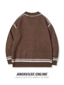 Cardigan vintage alla moda con scollo a V, stile college americano, con motivo jacquard numerico, maniche lunghe, bottoni, per uomo, adatto per autunno/inverno