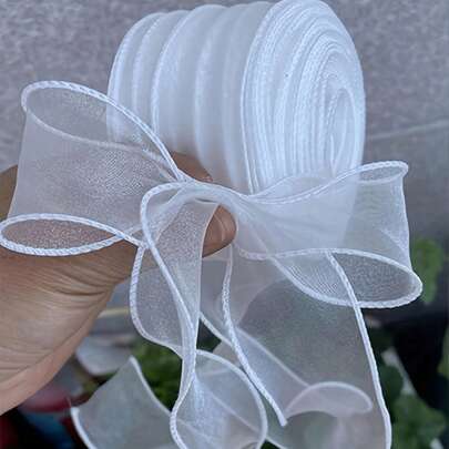 1 Roll 4.5/9/45/M White Organza Ribbon With Iron Wire Transparent Mesh Ribbon, Transparent Chiffon Silk Thin Ribbon, Suitable For Sewing, Gift Packaging, Crafts, Wedding Bouquets, Invitations, Decorations