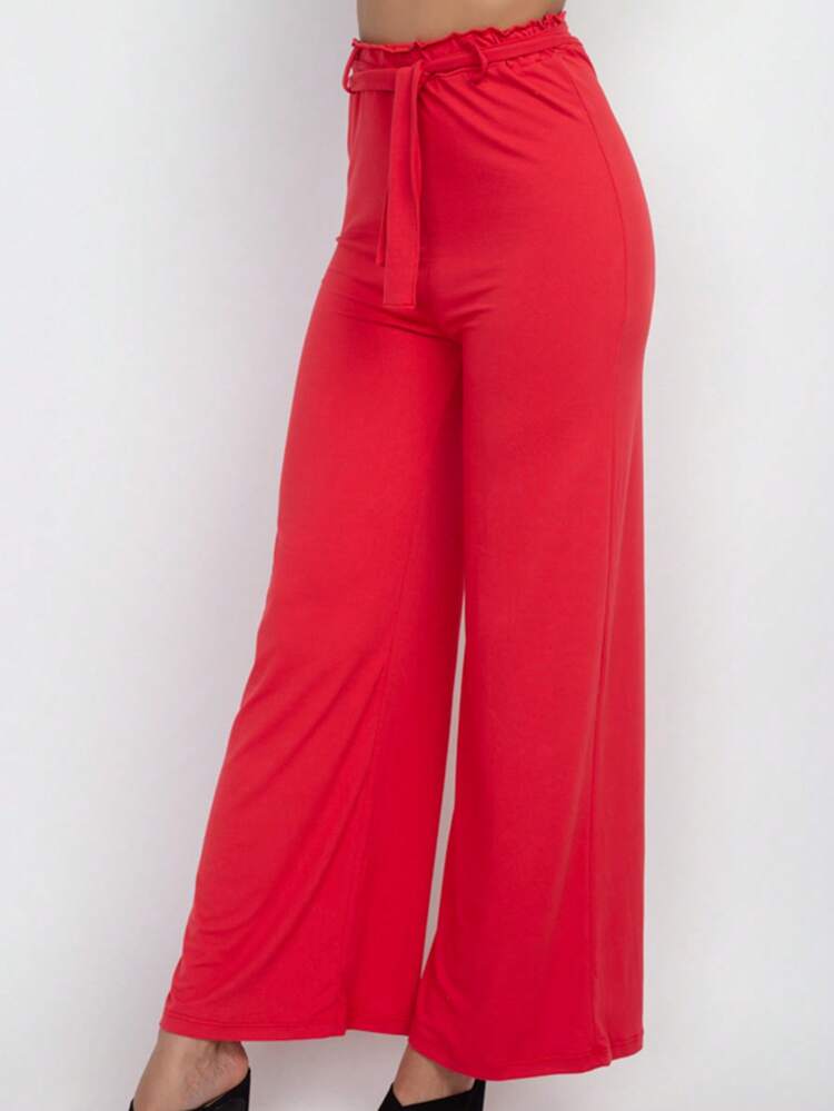 Pantalones anchos básicos informales de color liso con lazo para mujer, primavera, verano y otoño - Fiery Red - Añade 3