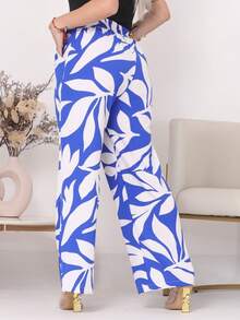 Loose Floral Palazzo Pants, Summer, Elastic Waist, Knife Pocket, Dune Fabric - 藍色和白色 - 查看 2