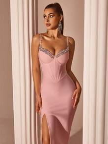 Elisanya Đầm liền thân hở lưng cạp cao, trang trí đá giả kim cương giả thủ công cho nữ, Đầm dự tiệc, Đầm dự tiệc cưới, Màu vàng bơ - Hồng - Xem 7