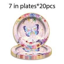 80件/套卡通蝴蝶生日派对餐具套装，9英寸和7英寸纸盘，甜点盘，杯子 - 彩色 - 查看 9