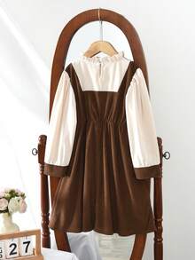 Teenagers Girls Cute Bow Pathwork Long Sleeve Dress Fall And Spring Clothes Elegant Casual Wear - Coffee - View 2