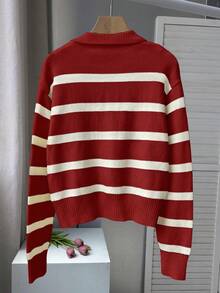 Áo len dài tay cổ polo phối màu tương phản kẻ sọc kiểu retro mùa xuân & thu mới, áo chui đầu dáng rộng cài nửa cổ điển dành cho nữ, thích hợp cho năm mới. - Rượu vang đỏ đặc biệt và trắng ngọc trai - Xem 2