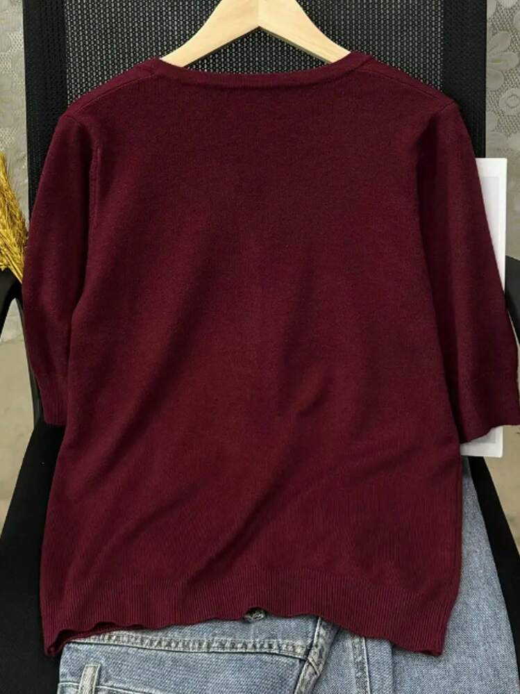 女士纯色V领短袖针织T恤，轻薄宽松，修身时尚，简约高端 - 酒紅色 - 查看 3