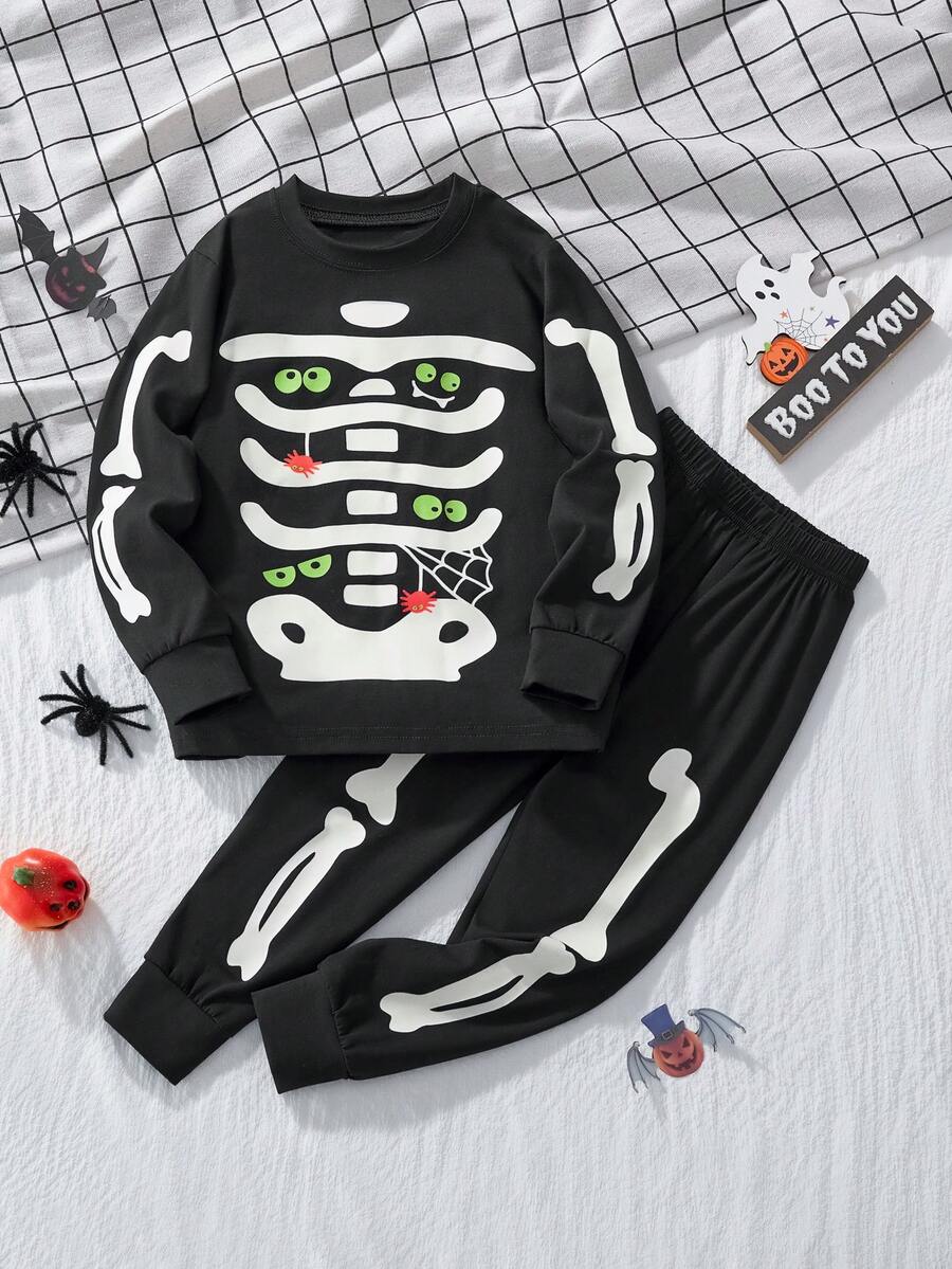 Halloween Kids Long Sleeve & Pants Set, Cartoon Glow-In-The-Dark Pumpkin & Skull Print Pattern, Autumn/Winter Party - Black - View 1