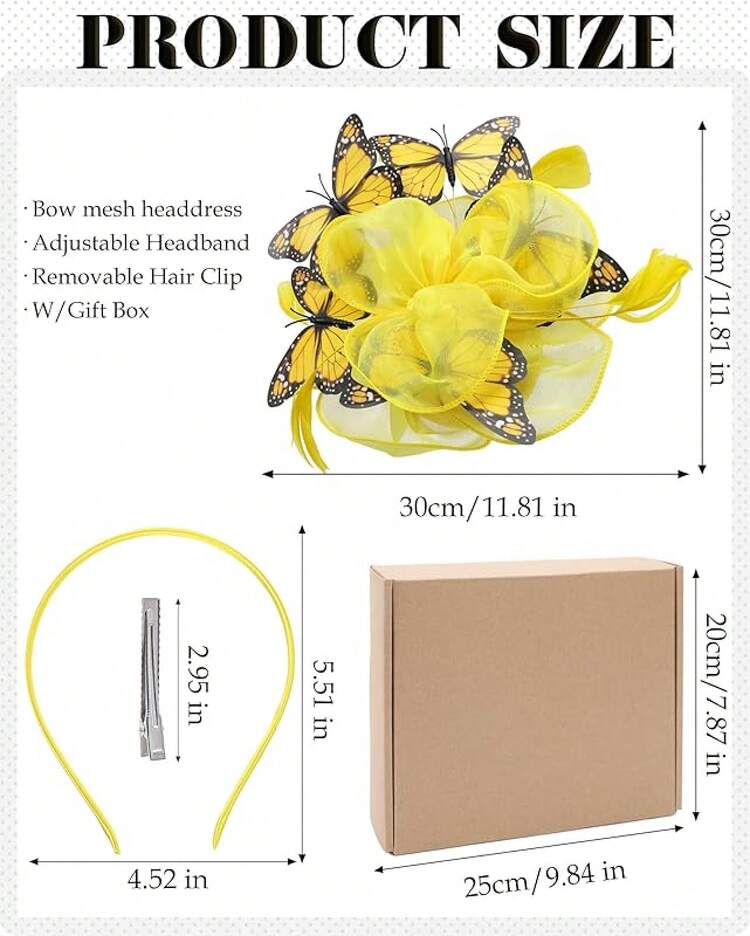 Organza Fascinators Hats - Monarch Tea Party Hat With Hairpin, 2025 Derby Headwear - Màu vàng - Xem 2