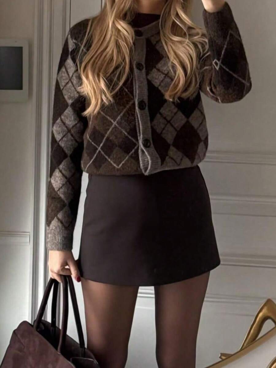 Seelio Women's Rhombus Pattern Long Sleeve Single-Breasted Casual Cardigan Sweater, Spring/Autumn - Brown - View 1