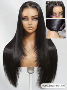 UNice Hair Black Layered Sleek Smooth Straight 13x4 100% Human Hair Lace Frontal Wig With Drawstring Pre Bleached Pre Cut Pre Bleached Invisible Lace Hair With Sophisticated Layer Cuts Zero Lace Edge Natural Look Pre Styled Hairline Unice Wig