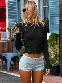 女士优雅修身纯色罗纹下摆长袖开衫毛衣，适合日常穿着和旅行，春夏秋季黑色 - 黑色 - 查看 1