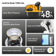 Realme Buds T200 Lite，真无线耳机，12.4 毫米动圈式驱动单元，电池续航时间长达 48 小时，延迟 45 毫秒，降噪 (ENC)，无线 5.4 - 黑色 - 查看 8