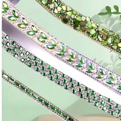 1 Set Of 4 Styles & 4 Sizes, Self-Adhesive Rhinestone Crystal Ribbon Strips, Green Crystal Diamond Shiny Decorative Patches, DIY Craft, Wedding Party Decor, Car, Phone, Clothing, Shoes Accessories, Home Decor, High-End Fashionable