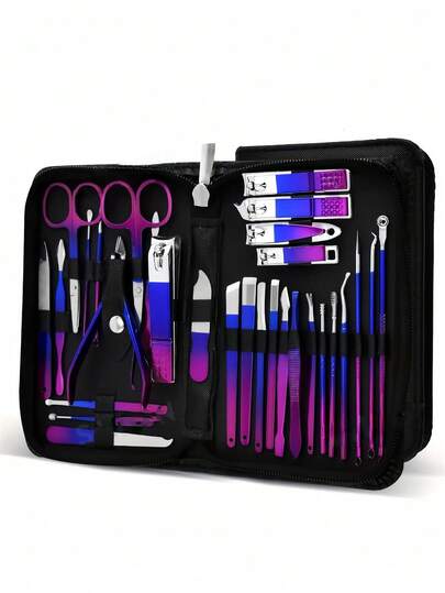 26/30 件套彩色美甲和修脚套装 - 不锈钢指甲钳、角质层修剪器、耳勺和锉刀，配有耐用收纳盒 - 非常适合趾甲修饰和美容、美甲科技用品、美甲配件