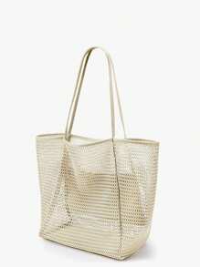 大容量可折叠网眼游泳包带口袋，沙滩网袋透明手提包挖沙袋适合海边度假，沐浴游泳洗漱用品收纳袋，网眼手提包学校手提包适合少女度假、假日、购物 - 卡其色 - 查看 13