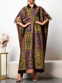 女士纯色撞色印花优雅长袖长袍阿巴雅，端庄卡夫坦长袍，阿拉伯连衣裙，优雅高贵，适合秋季和春季穿着。 - 黃色 - 查看 4