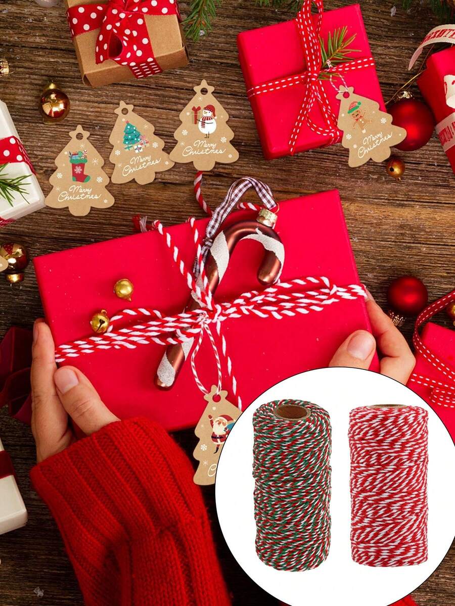 100/5m Red, Green, White Gift Wrapping Rope, Christmas Gift Packaging, Christmas Decoration Jute Rope, Christmas Party Decor, Christmas Gift DIY Bow, Handmade Craft Accessories Jute Rope, Suitable For Gift Packaging Supplies, Tags, Gift Box Packaging, Weaving DIY Crafts, Gift Decoration Supplies - Multicolor - View 1