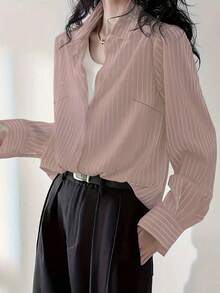 Plus Size Women's Casual Striped Shirt With Turndown Collar, Suitable For Commuting, Spring/Summer - Pink - View 5