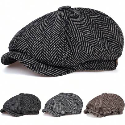 1pc Men's Herringbone Newsboy Cap, Casual Outdoor Hat Suitable For Spring, Autumn, Travel, Beach, Party