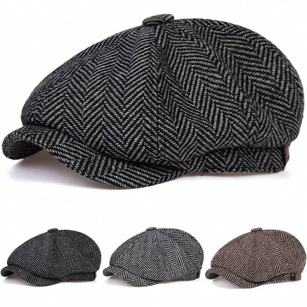1pc Men's Herringbone Newsboy Cap, Casual Outdoor Hat Suitable For Spring, Autumn, Travel, Beach, Party