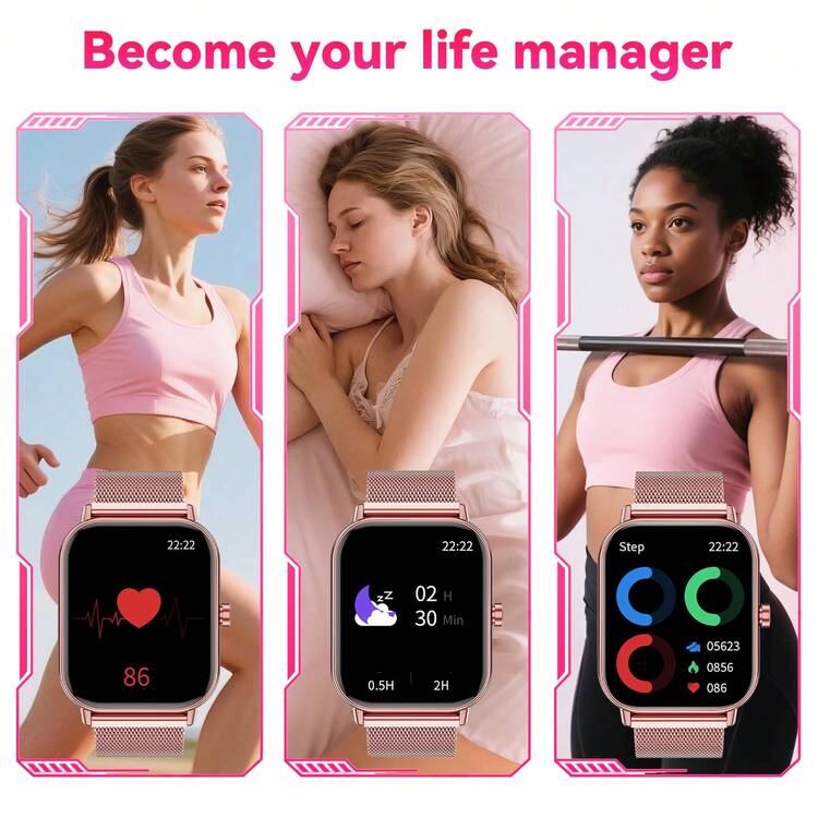 Hwagol 1.83英寸高清智能手表，220mAh电池，男女通用（可通话/拨号），健身追踪器，内置100多种运动模式，睡眠监测，活动追踪，兼容iOS/安卓系统，钢/硅胶双表带，母亲节礼物 - 玫瑰粉鋼帶+矽膠 - 查看 6