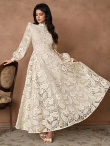 Savoree Đầm nữ mùa thu cổ đứng tay đèn lồng eo nhún thêu hoa bán trong suốt thanh lịch - Xem 7