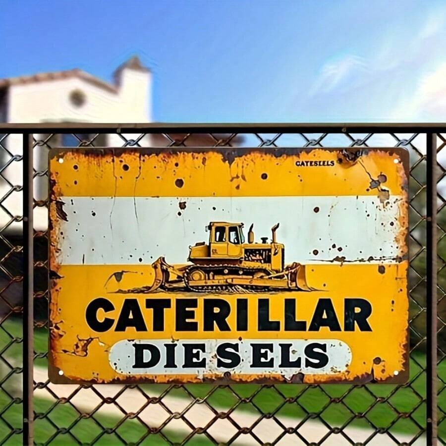 2D Flat - Vintage Caterpillar Diesel Engine Metal Sign - Rustic 20.32x30.48 Cm Wall Decor With Distressed Yellow Background & Black Text, Perfect For Bedroom, Living Room, Bar, And Outdoor Spaces, Metal Outdoor Decor - 彩色 - 查看 1